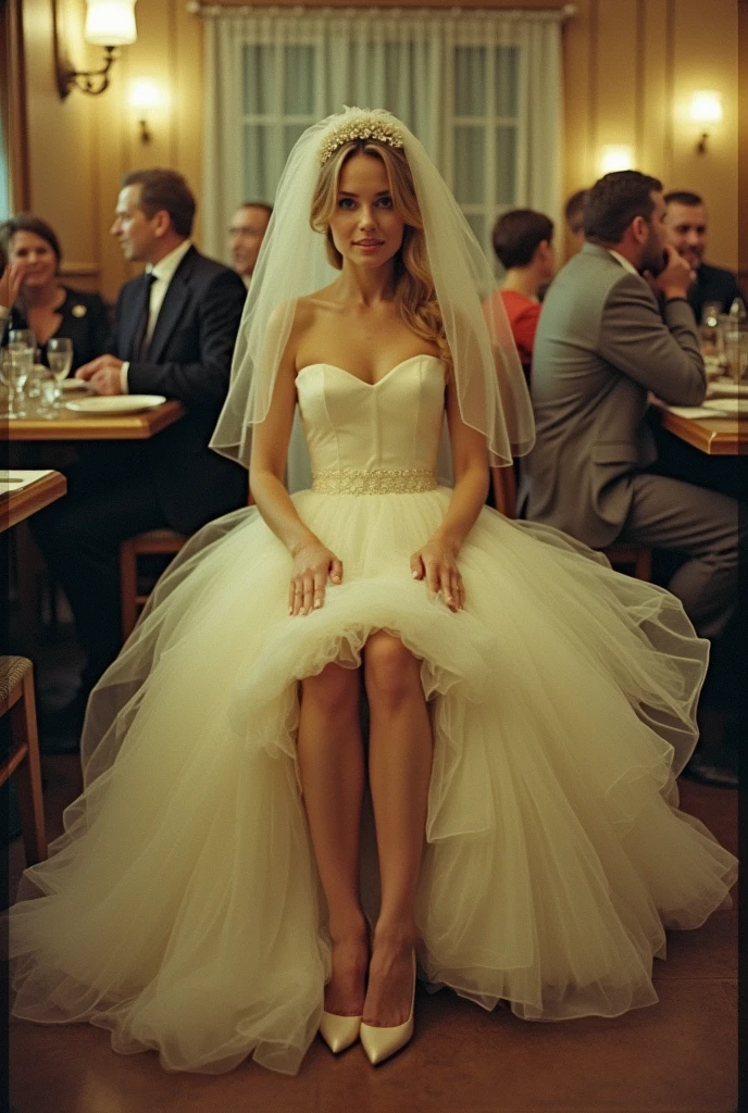 In a captivating, highly detailed photo featuring faded film, desaturated colors, and a vintage aesthetic reminiscent of Kodachrome and Lomography, a 40-year-old bride adorned with a veil is captured in a restaurant. The analog film photo, shot on 35mm, captures a grainy and vignetted image that adds to the vintage atmosphere.
As the bride spreads her legs wide open, revealing her hairy pussy:1.1 and a creampie, the moment becomes both intimate and shocking. Closeup shots of her stained and covered in cum:1.3 pussy evoke the power of in this found footage-style photograph. The bride's actions are both bold and daring, adding a touch of mystery and intrigue to an otherwise ordinary wedding celebration.
The Russian woman's presence at the party, surrounded by guests, makes this memorable moment even more striking. The photo captures a unique and unforgettable moment in time, leaving a lasting impression on those who
