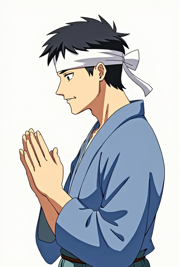 anime、profile、looking at the camera、male、Around 30 years old、Muscular、Square face、Round Nose、short hair、No bangs、Black Hair、Blue Jinbei、White headband、Thirsty、whole body、I close my eyes and pray