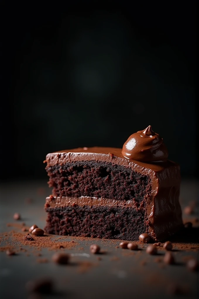 cinematic film still chocolate, chocolate cake, dark background, quality photo, moist texture, frosting, studio photo, slice . shallow depth of field, vignette, highly detailed, high budget, bokeh, cinemascope, moody, epic, gorgeous, film grain, grainy