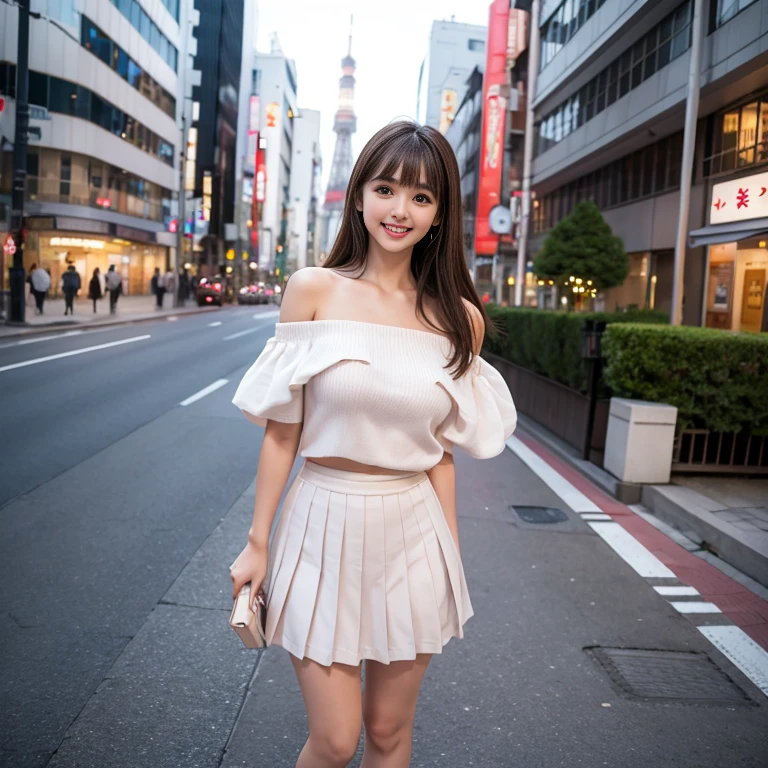 laughing out loud,2,Skirt length above knee,Wearing a white pleated skirt,(knee shot), 1 female, On the face, laughing out loud, light brown hair, blunt bangs, hair behind ears, Shoulder length hair, long hair, Slender body type, 超face slimming型, face slimming, delicate lips, beautiful eyes, Thin blush, Eyes are light brown,Check it out here, (actual:1.3), standing next to the street,The background is Tokyo Tower, One person's perspective, 8k, Super detailed, high quality, best quality, High resolution,,Large Breasts,The breasts are H-cups, Off-shoulder tops,normal two feet