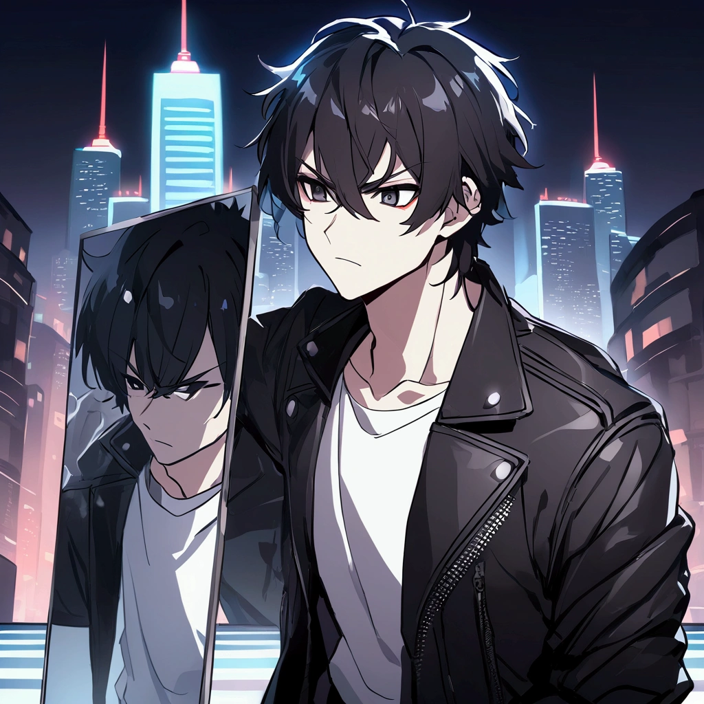 “Create an anime-style black and white image of a man around 30 years old with medium-length black hair and black eyes. He is holding back his anger after punching a mirror. The image should be the reflection in the cracked mirror, viewed in a slightly distorted manner due to the cracks. The man is wearing a black leather jacket over a white shirt. Focus on the reflection, with the main character only visible in the mirror.”


