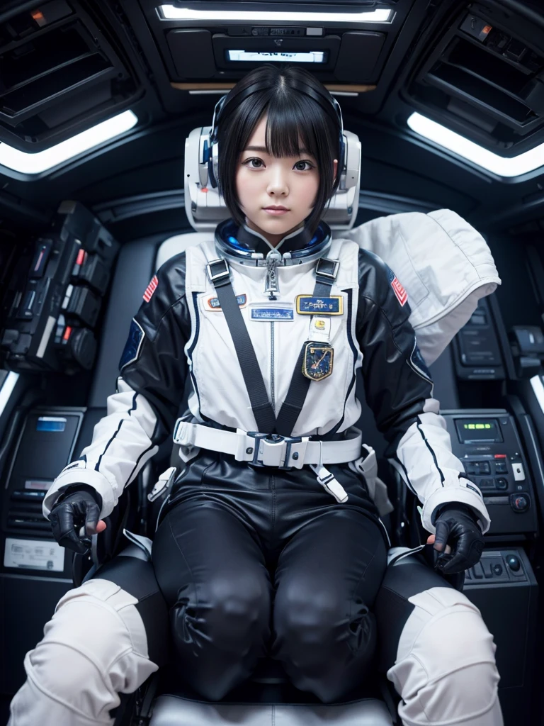 masterpiece, Highest quality, Very detailed, Japanese Android girl, Beautiful 2 Japanese woman, Plump,Control panel,Android,cyborg,Short Hair,Blunt bangs,sitting in the cockpit of a spaceship,astronaut,He is attached to the back of a chair by a harness,Both hands are strapped to the arms of a chair,Both feet are strapped to the legs of a chair,