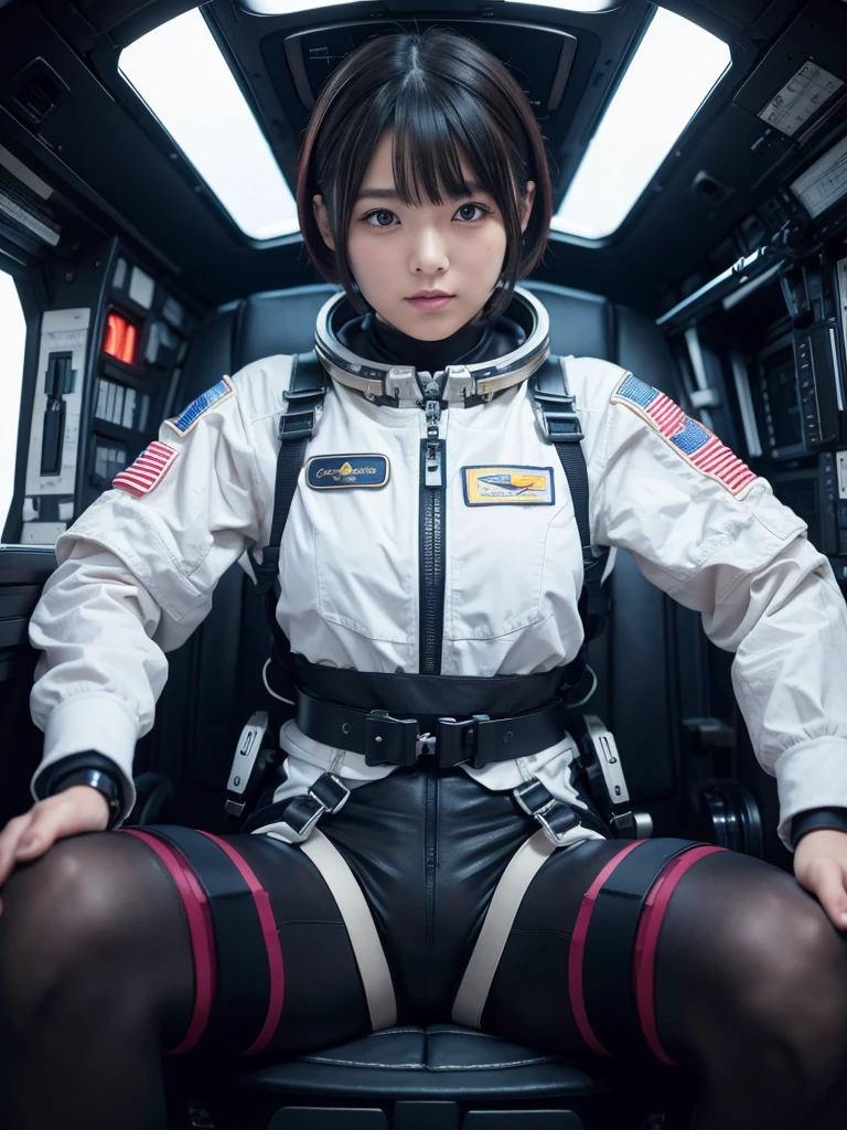 masterpiece, Highest quality, Very detailed, Japanese Android girl, Beautiful 2 Japanese woman, Plump,Control panel,Android,cyborg,Short Hair,Blunt bangs,sitting in the cockpit of a spaceship,astronaut,He is attached to the back of a chair by a harness,Both hands are strapped to the arms of a chair,Both feet are strapped to the legs of a chair,