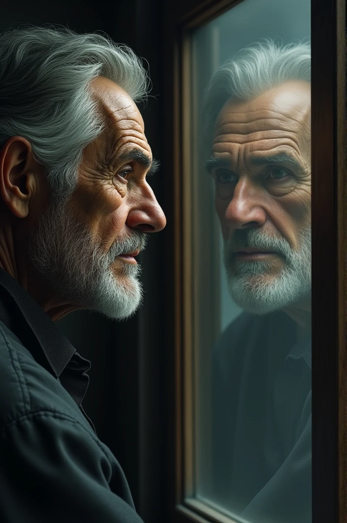 Rohan’s Aging: Rohan looking at his reflection in a window, showing signs of aging and frailty, with a gentle, accepting expression.
