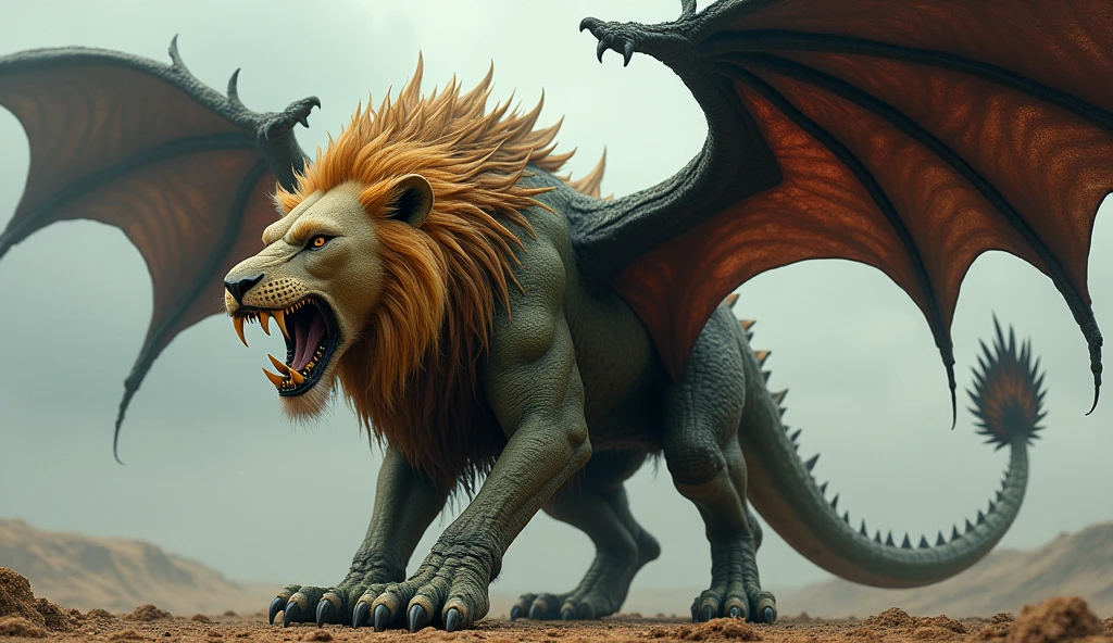 a colossal chimera, an epic fusion of the most fearsome creatures. The main head is that of a majestic lion, with a thick golden mane that surrounds her neck and covers her broad shoulders. The lion&#39;s eyes are a penetrating amber, shining with a fierce intensity, and its long, sharp fangs protrude from a powerful jaw. The head has twisted horns that project menacingly from its skull.. At the end of a long, muscular tail, A third head is found, that of a dragon. The dragon&#39;s head is covered in dark, green scales., with a snout full of razor-sharp teeth. His eyes are reptilian, of a deep yellow, and its nostrils are always ready to unleash a breath of fire. The Chimera&#39;s body is a powerful mix of fur and scales.. The front half of its body resembles that of a lion., with muscular limbs ending in huge legs, each equipped with curved claws. These claws are sharp and shiny, capable of tearing through the hardest materials. The back half of its body transforms into the scaly, sinuous form of a dragon., with overlapping scales that provide formidable protection. In her back, Two huge bat wings spread out, Each wing is black with reddish veins visible through the thin, leathery skin.. The wings have a span wide enough to darken the sky when flapping., with a bone structure that extends into sharp points. This chimera is a massive and imposing figure, of gigantic proportions, with every physical detail—a combination of fur, scales and menacing features—created to form a terrifying and awesome figure.
