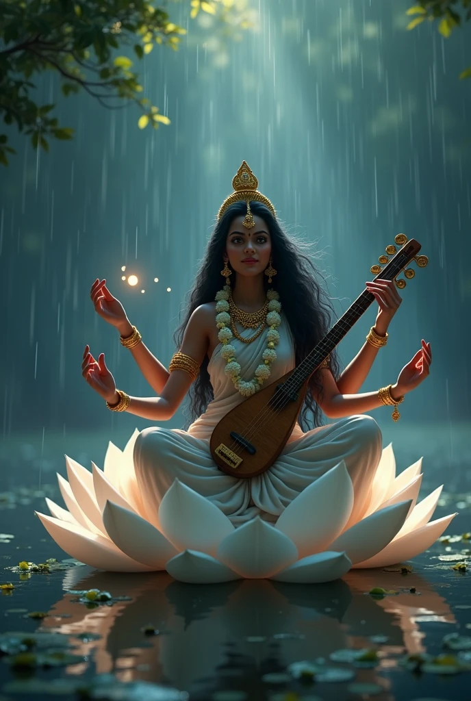 Cool cinematic animated character art, Silhouette of indian godess Saraswati sitting on a giant white lotus in a pond, multiple arms, holding musical instrument-'veena' , wearing indian golden crown, saree, white flower garlands, luscious hair flowing in air, calm expression, glowing fireflies in air, rainy storm, cinematic lighting, darkness in atmosphere, tree leaves floating, colour graded, vibrant, 4khd