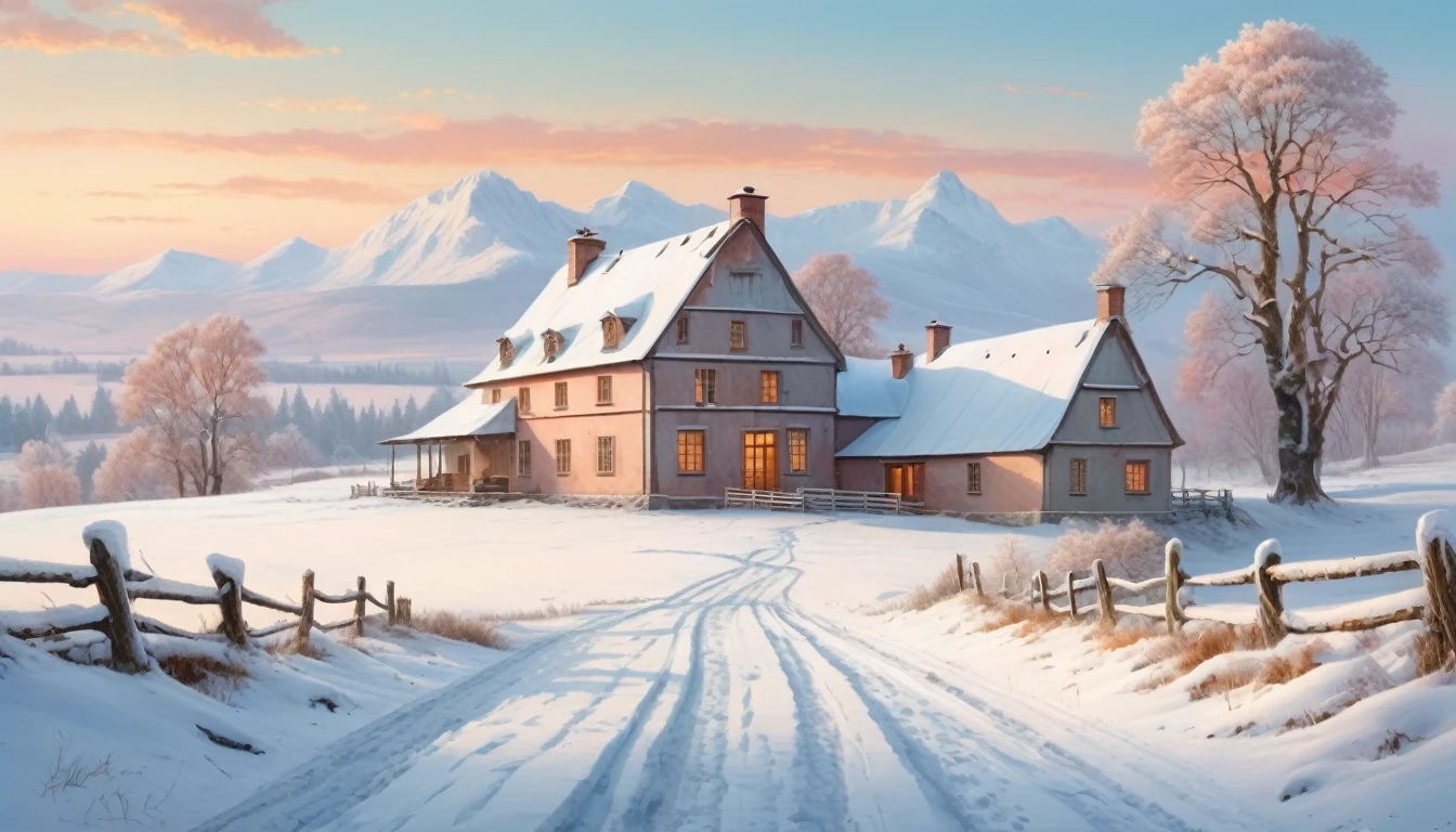 The farmhouse in a silent, snow-covered landscape with soft, muted colors and a peaceful atmosphere. Style of Caspar David Friedrich. Hyper realistic photo, vibrant colors, 16k