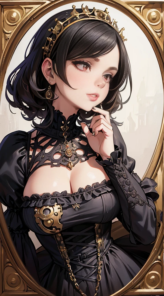 Woman in dress and boots , Baroque Dress, Wearing an elaborate steampunk dress, Elegant Gothic Princess, Victorian Gothic Fashion, historical Baroque Dress dark, Black Gothic Dress, Fantasy style clothing, Rococo Dress, Black Rococo, Fantasy Costume, wearing a Gothic Dress, Romantic Dresses, Gothic Dress,blonde,,(((Upper body portrait))),Red eyes,city,Big Breasts
