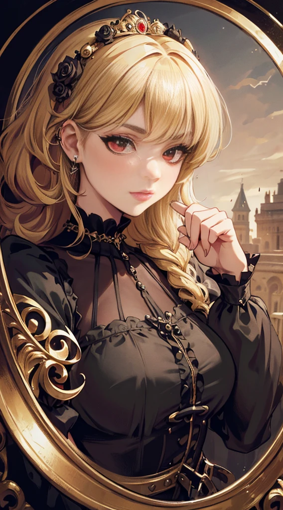 Woman in dress and boots , Baroque Dress, Wearing an elaborate steampunk dress, Elegant Gothic Princess, Victorian Gothic Fashion, historical Baroque Dress dark, Black Gothic Dress, Fantasy style clothing, Rococo Dress, Black Rococo, Fantasy Costume, wearing a Gothic Dress, Romantic Dresses, Gothic Dress,blonde,,(((Upper body portrait))),Red eyes,city,Big Breasts