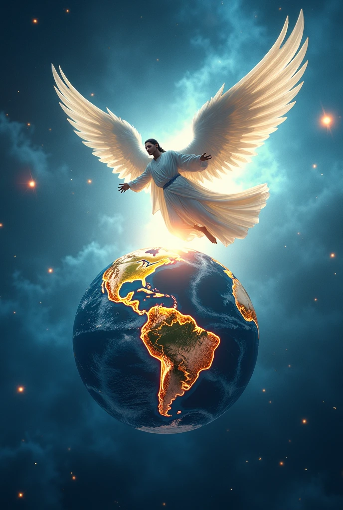 Design a planet earth with blue and white light. In the center, the country of Venezuela covered in golden light and above the figure of an Arcangel