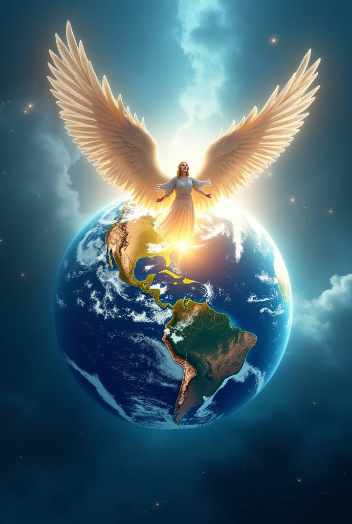 Design a planet earth with blue and white light. In the center, the country of Venezuela covered in golden light and above the figure of an Arcangel