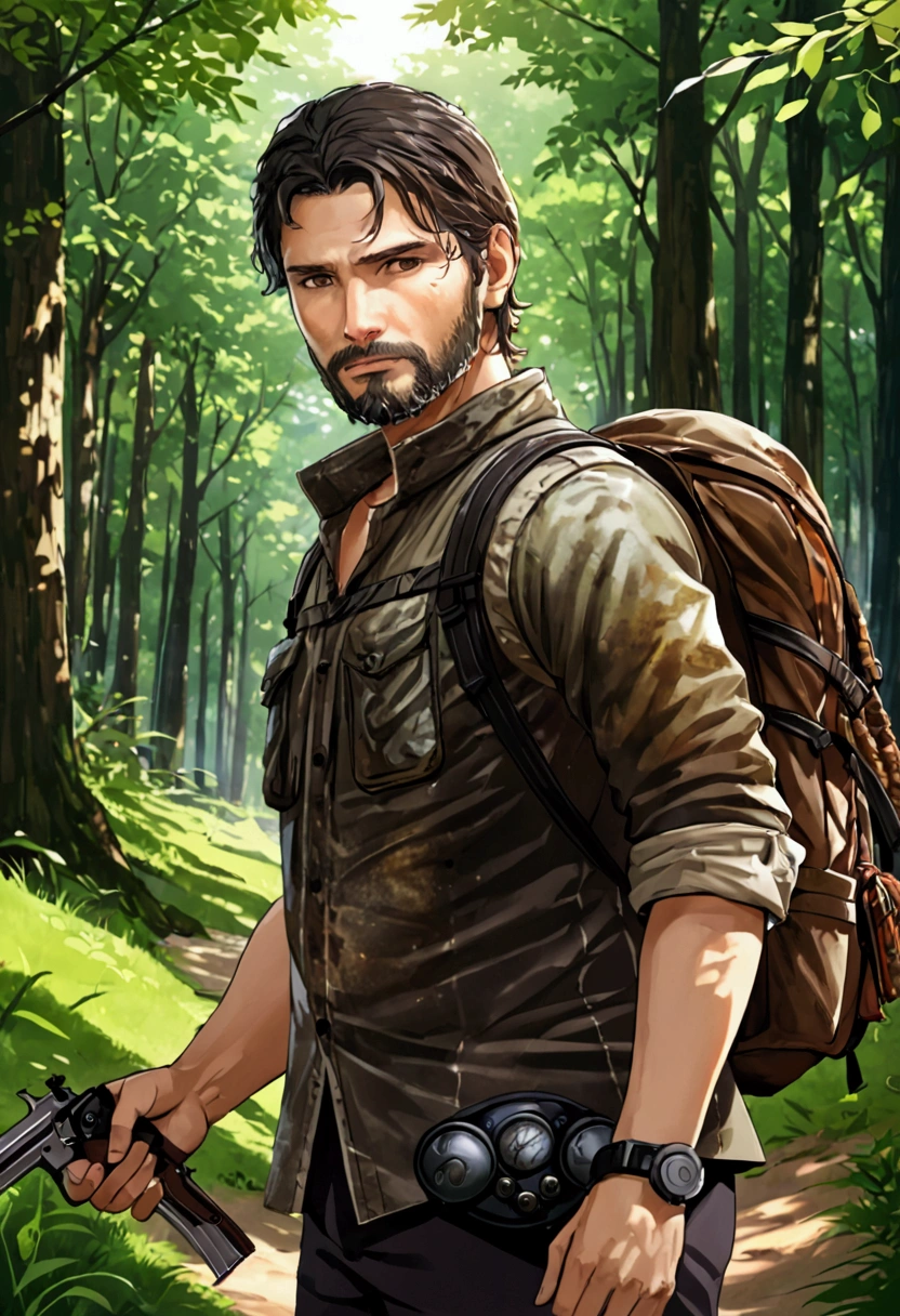 ((masterpiece, best quality))
TLOUJoel, 1boy, solo, brown hair, brown eyes, beard, In a serene, tranquil forest, wearing outdoor gear and enjoying a peaceful nature hike