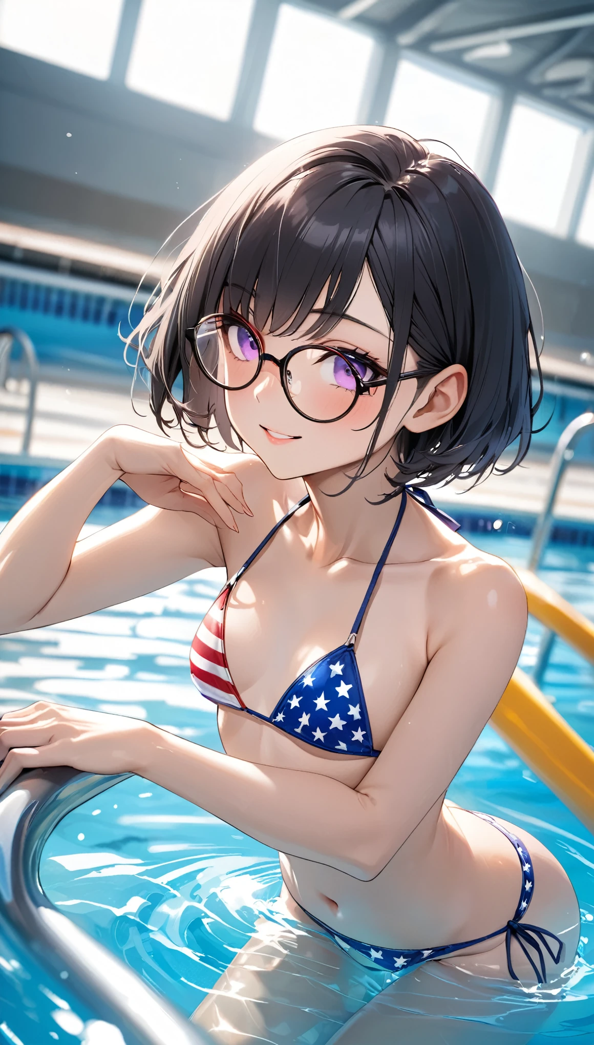 Highest quality、Best image quality、masterpiece、独奏, a girl、Beautiful Eyes、black hair, purple eyes、Short bob cut、(sideburns), middle part, (flat chest)、slender、Tight waist、Round Glasses、Beautiful Face、Natural smile、red cheek、american flag bikini, At the school pool、sexy pose, bewitching pose, Model Pose, dynamic angle