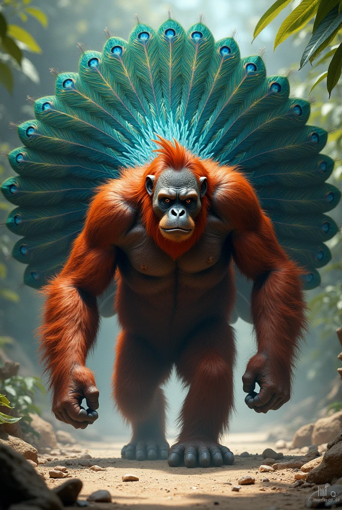 Majordomo, half orangutan, half peacock, lumbered forward. His massive arms rippled with muscle, his knuckles dragging across the ground. But what made him truly fearsome was the vibrant peacock plumage that fanned out behind him, a dazzling display of iridescent blues and greens that hypnotized as much as it intimidated. His eyes glinted with cunning intelligence, and his sharp beak snapped in anticipation.