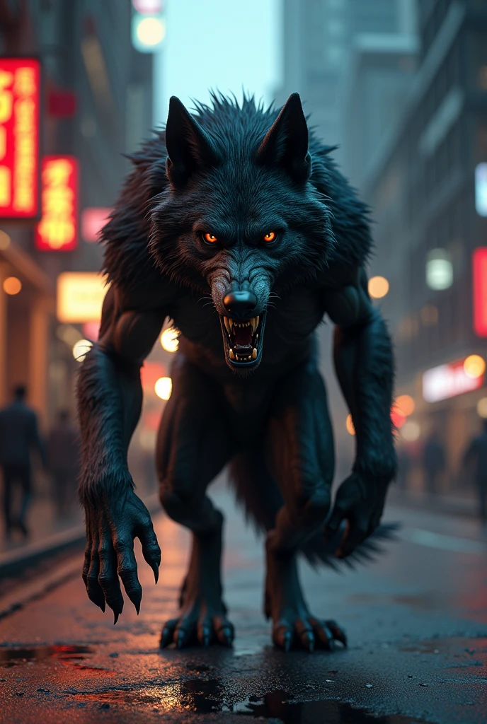 "A sly werewolf in HD Quality and ultra-realistic detail, balancing its dual identity on a busy city street. It is half in shadow and half illuminated by bright streetlights, struggling between primal instincts and modern life."