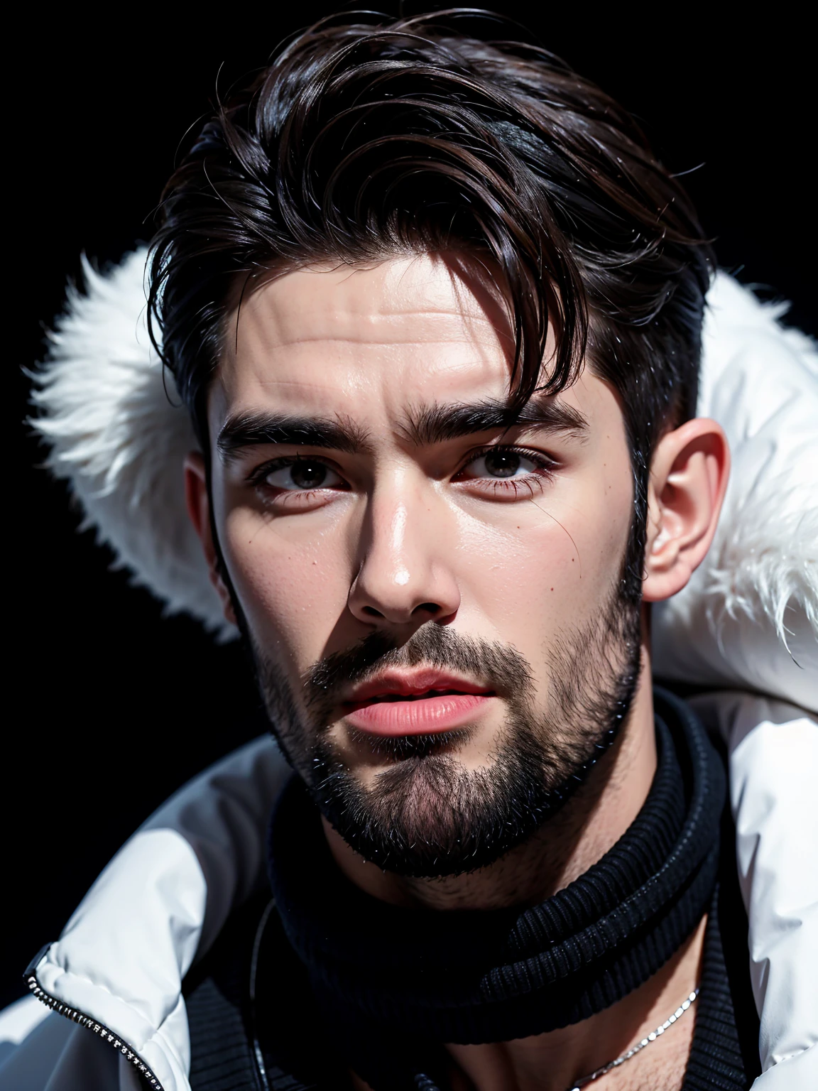 handsome British male, wide jaw, beard, upper body portrait, winter coat, black background, photorealism