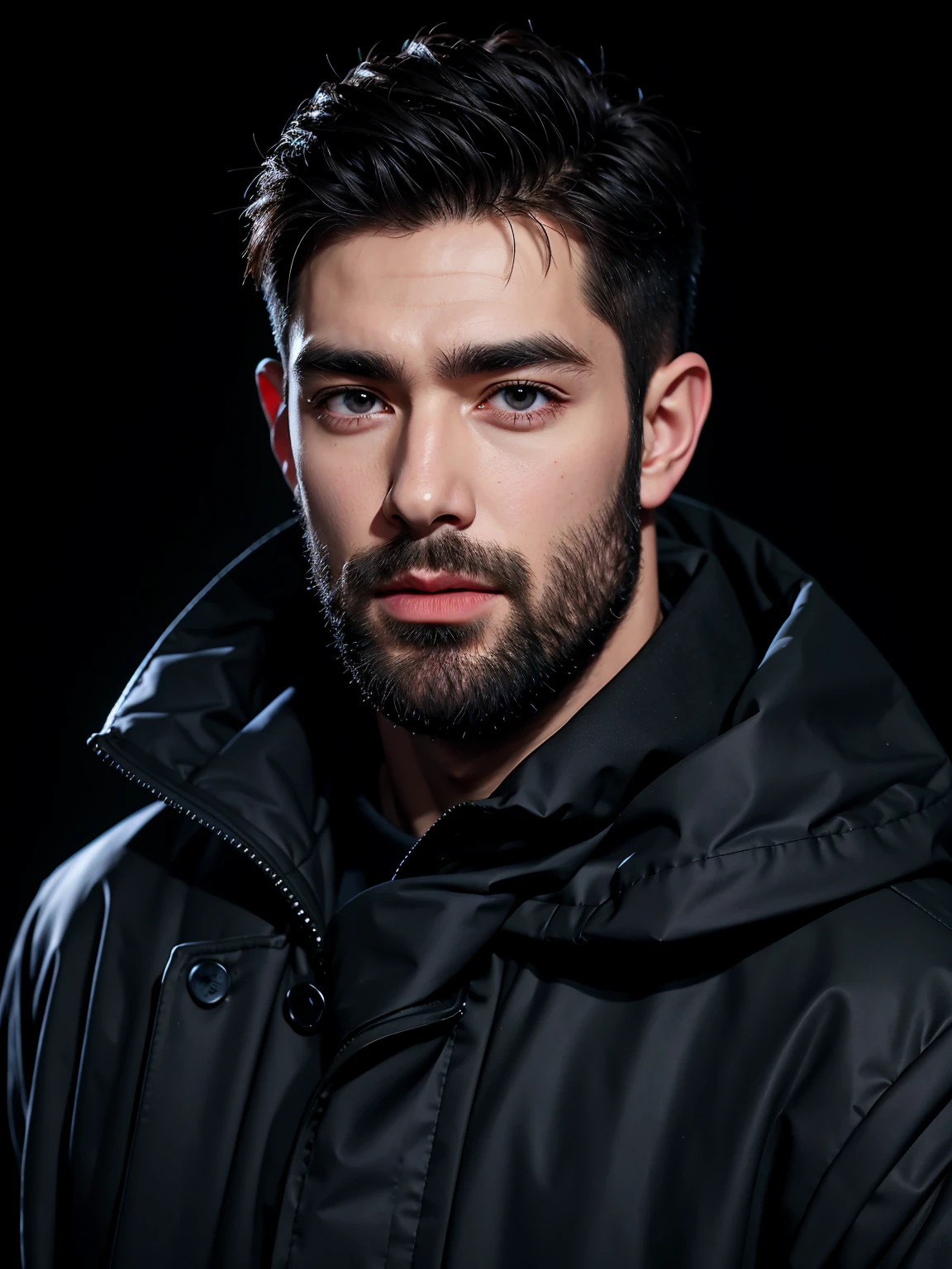 handsome British male, wide jaw, beard, upper body portrait, winter coat, black background, photorealism