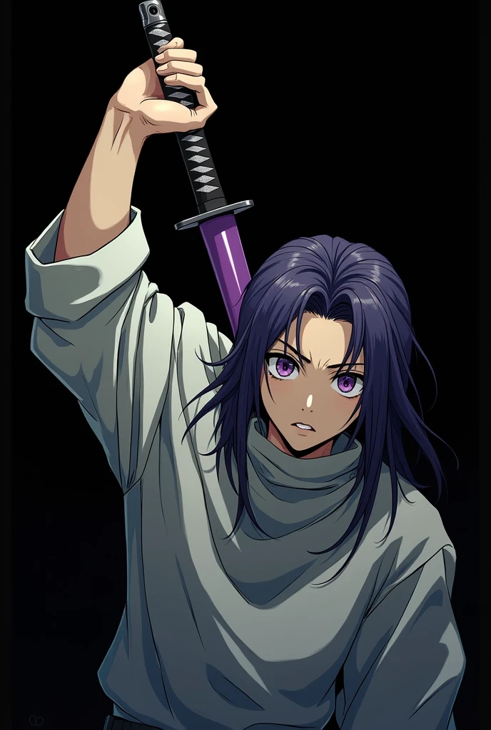 anime style, 16K, a high resolution, Best quality, high quality, super detailing, high detail, accurate, masterpiece, uhd, 1male, ager boy, violet pupils, wide white turtleneck, violet hair, deadly calm look, hold violet katana on back, look at the viewer, pouches under the eyes