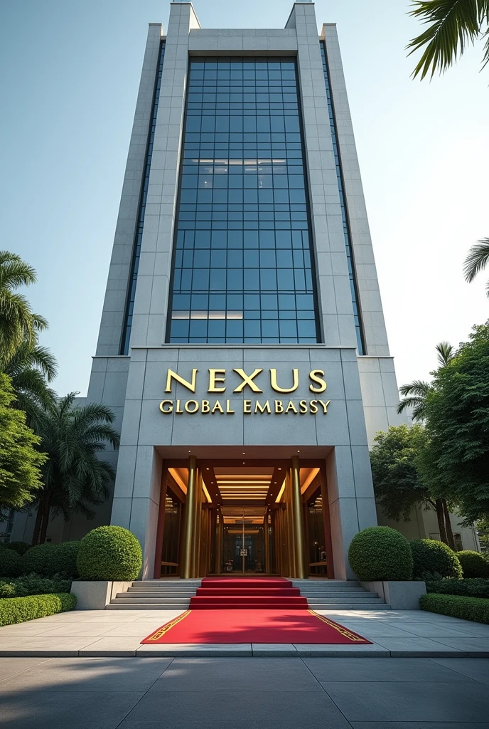A wonderful and luxurious building, it's on it's own with large compound with trees and Grass with corporate Singaporean architecture and the words Nexus Global Embassy fully exposed on the building separate concrete with red carpet on the entrance with a good full view and angle .Expose the words Nexus Global Embassy on the concrete fully I can't see the words and the spelling is wrong 