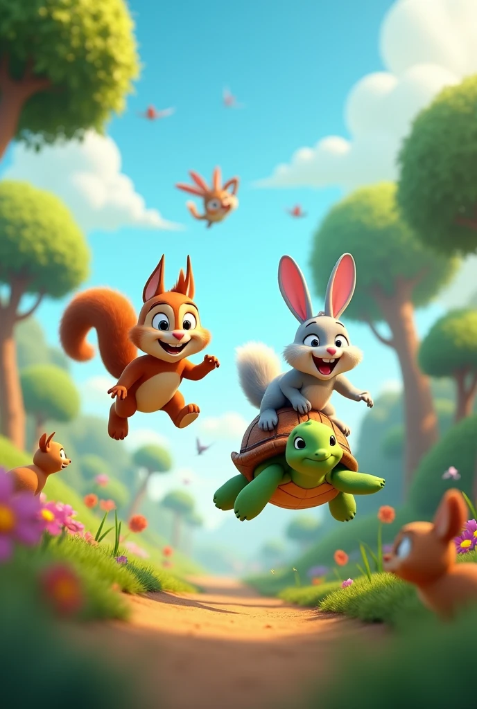 Need 3D animation style"
   **The Flight Contest:** Sammy the squirrel and Benny the bunny challenge Toby to a friendly race. How does turtle use his new flying ability to compete, and what lessons do they learn about teamwork and sportsmanship?