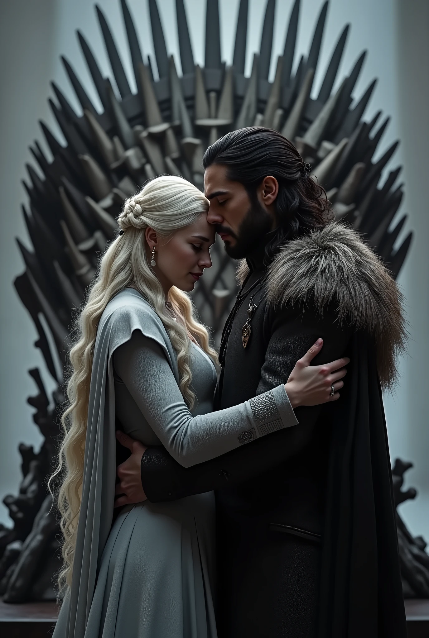 daenerys targaryen and jon snow hugging in front of the iron throne