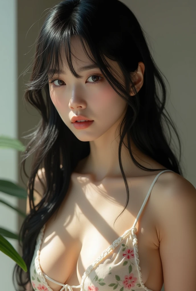 20 year old woman with cute Japan、Long black hair with bangs、White floral underwear、Random Pause,