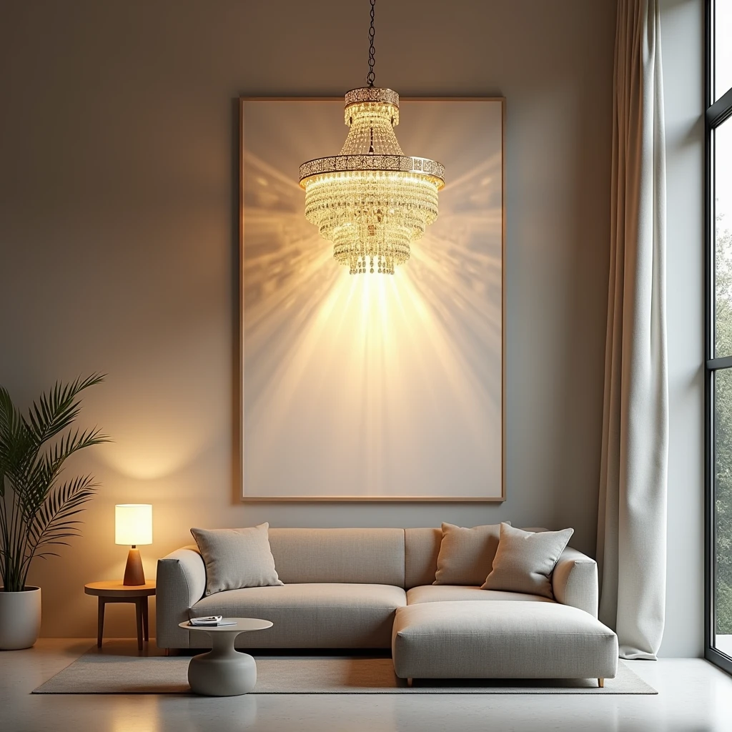 Help me create a company poster. It should have crystal chandeliers and simple furniture. The focus should be on lighting. The logo is Aosiman.