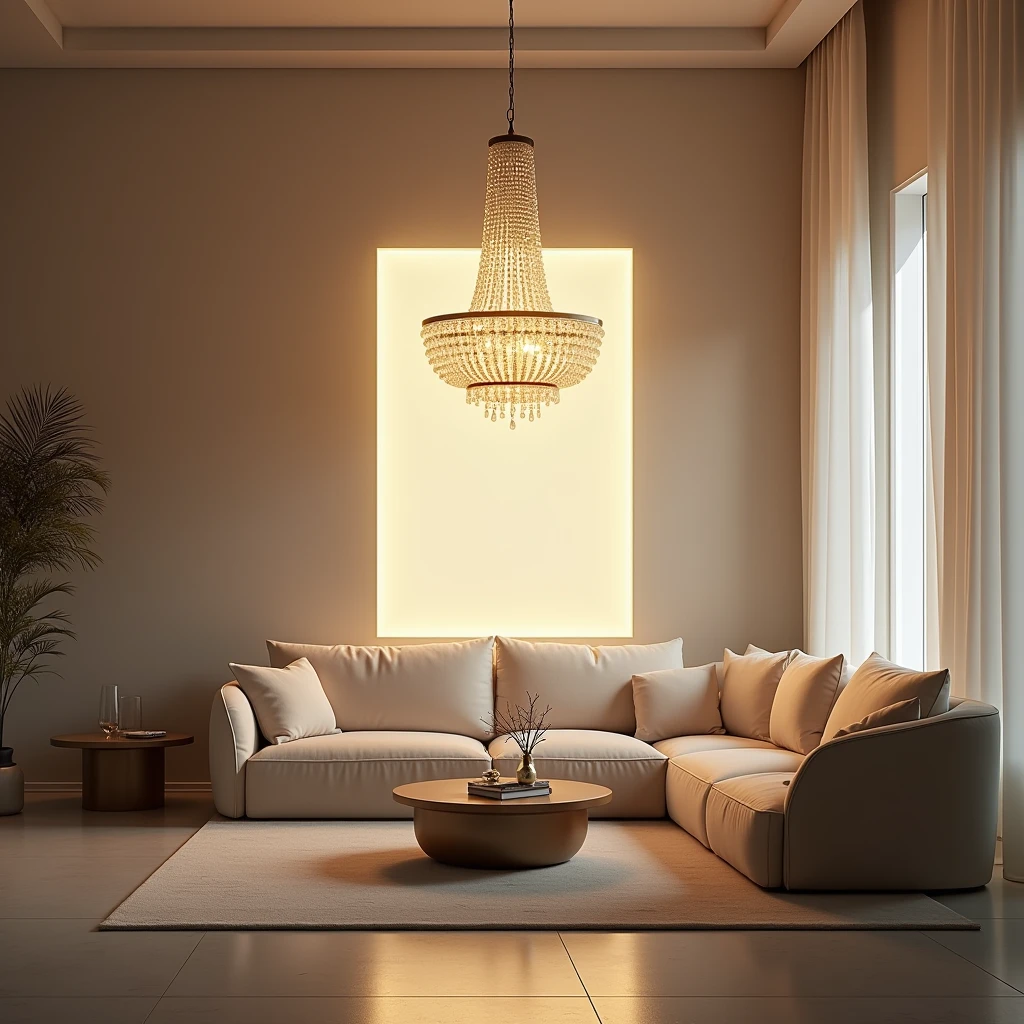 Help me create a company poster. It should have crystal chandeliers and simple furniture. The focus should be on lighting. The logo is Aosiman.