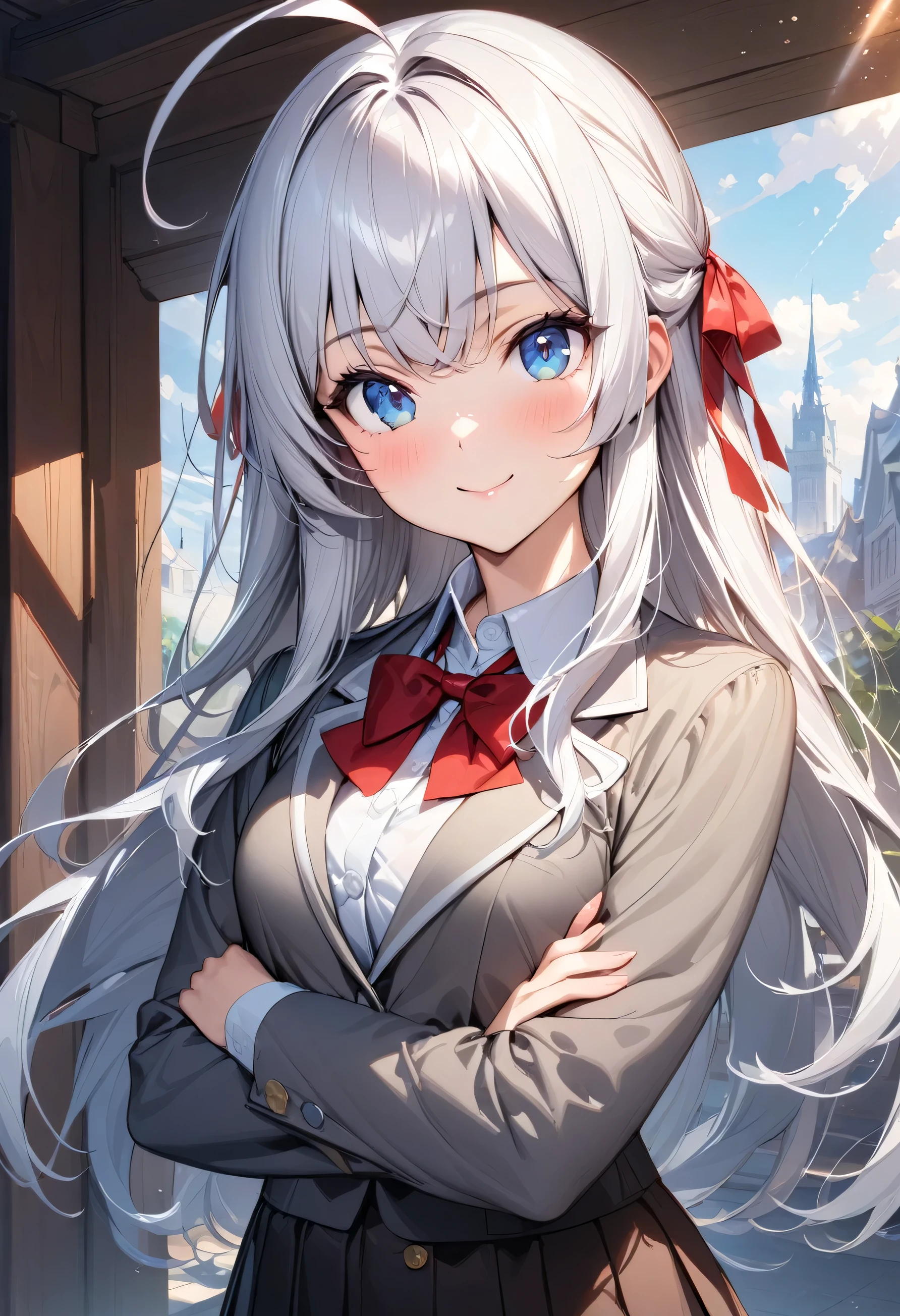 (masterpiece),(best quality),(ultra-detailed),(best illustration),(best shadow),(absurdres),(detailed background),(very aesthetic), alya(roshidere), white hair, long hair, bangs, blue eyes, hair ribbon, ahoge, red ribbon, skirt, shirt, long sleeves, bow, , jacket, white shirt, pleated skirt, collared shirt, bowtie, black skirt, red bow, red bowtie, blazer, grey blazer, long sleeves, upper body view, crossed arms, smile,