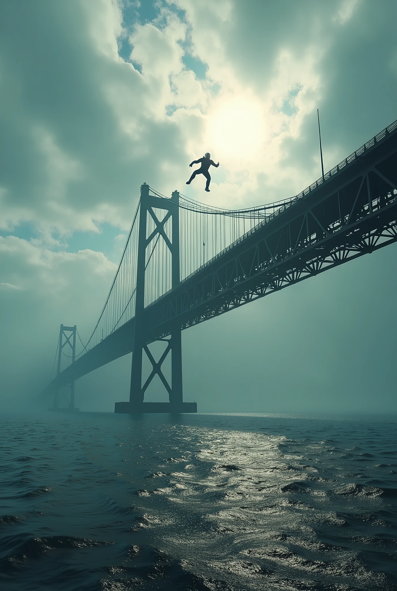a dramatic scene of the iconic highway oresund bridge, viewed from the road, with ultraman hovering over the structure, (best quality,4k,8k,highres,masterpiece:1.2),ultra-detailed,(realistic,photorealistic,photo-realistic:1.37),dramatic lighting,cinematic composition,epic scale,mist,dramatic sky,azure water,dramatic clouds,detailed architecture,metallic bridge,ultraman flying,ultraman floating,ultraman silhouette,ultraman pose,ultraman details,ultraman energy,ultraman power