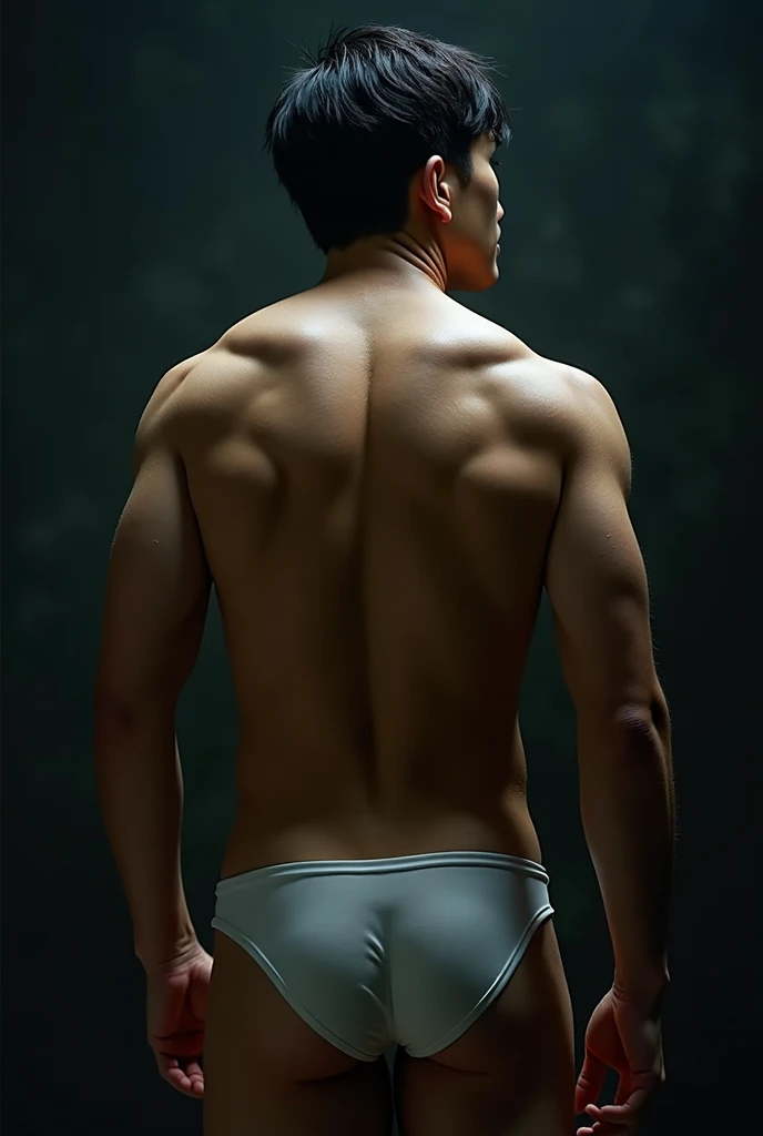 a handsome Asian man, he is wearing a springy white tank top, wet, standing on his back showing his ass, dramatic lighting, hyper-realistic, 8k, high quality, intricate details, cinematic composition, glowing skin, dramatic atmosphere, moody lighting