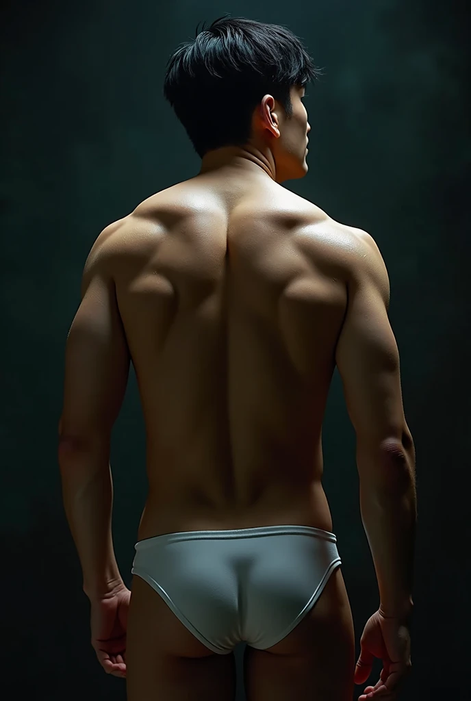 a handsome Asian man, he is wearing a springy white tank top, wet, standing on his back showing his ass, dramatic lighting, hyper-realistic, 8k, high quality, intricate details, cinematic composition, glowing skin, dramatic atmosphere, moody lighting