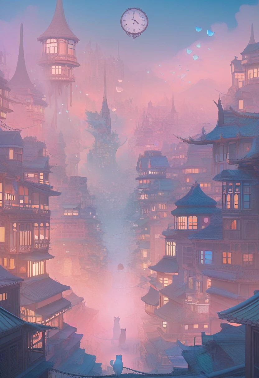 ((Masterpiece)), ((Best Quality)), (Very Detailed), ((Very Detailed)), 4K, (8K), very aesthetic, absurdres highres, A scene in a dream city where a cat with fluffy fur is walking between pastel-colored buildings, surrounded by a fantastic fog, a clock floating in the air, and a melting landscape.