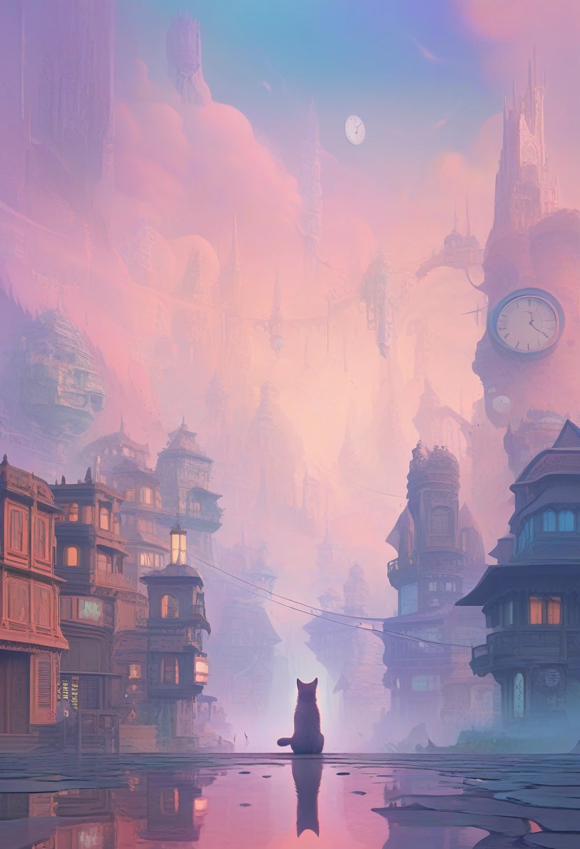 ((Masterpiece)), ((Best Quality)), (Very Detailed), ((Very Detailed)), 4K, (8K), very aesthetic, absurdres highres, A scene in a dream city where a cat with fluffy fur is walking between pastel-colored buildings, surrounded by a fantastic fog, a clock floating in the air, and a melting landscape.
