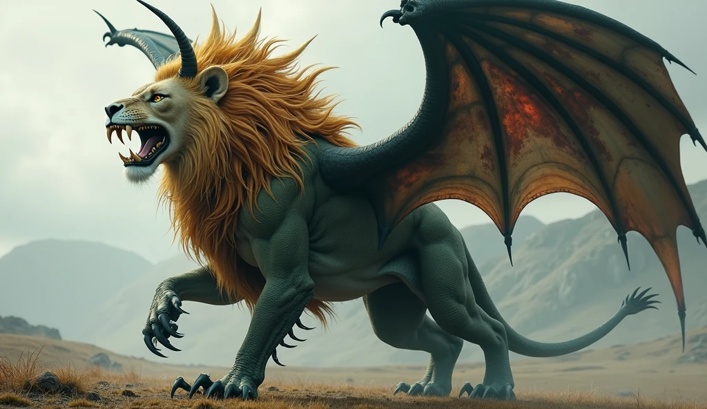a colossal chimera, an epic fusion of the most fearsome creatures. The main head is that of a majestic lion, with a thick golden mane that surrounds her neck and covers her broad shoulders. The lion's eyes are a penetrating amber, shining with a fierce intensity, and its long, sharp fangs protrude from a powerful jaw. The head has twisted horns that project menacingly from its skull.. At the end of a long, muscular tail, A third head is found, that of a dragon. The dragon's head is covered in dark, green scales., with a snout full of razor-sharp teeth. His eyes are reptilian, of a deep yellow, and its nostrils are always ready to unleash a breath of fire. The Chimera's body is a powerful mix of fur and scales.. The front half of its body resembles that of a lion., with muscular limbs ending in huge legs, each equipped with curved claws. These claws are sharp and shiny, capable of tearing through the hardest materials. The back half of its body transforms into the scaly, sinuous form of a dragon., with overlapping scales that provide formidable protection. In her back, Two huge bat wings spread out, Each wing is black with reddish veins visible through the thin, leathery skin.. The wings have a span wide enough to darken the sky when flapping., with a bone structure that extends into sharp points. This chimera is a massive and imposing figure, of gigantic proportions, with every physical detail—a combination of fur, scales and menacing features—created to form a terrifying and awesome figure.