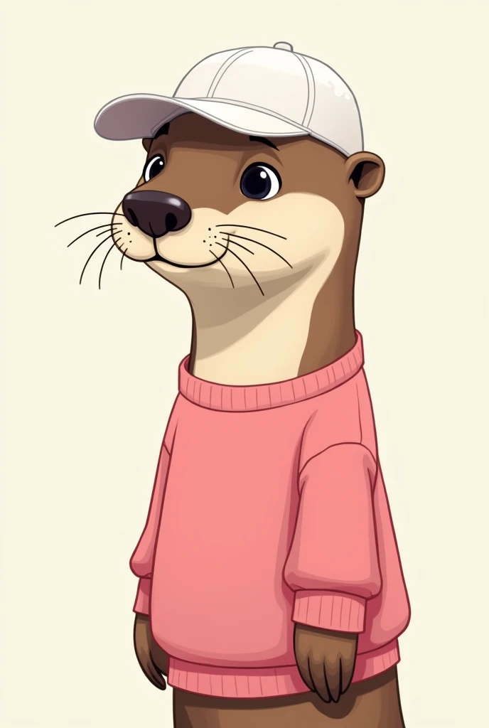 Cartoon of a male otter, with white cap, pink sweatshirt, side position and stupid face