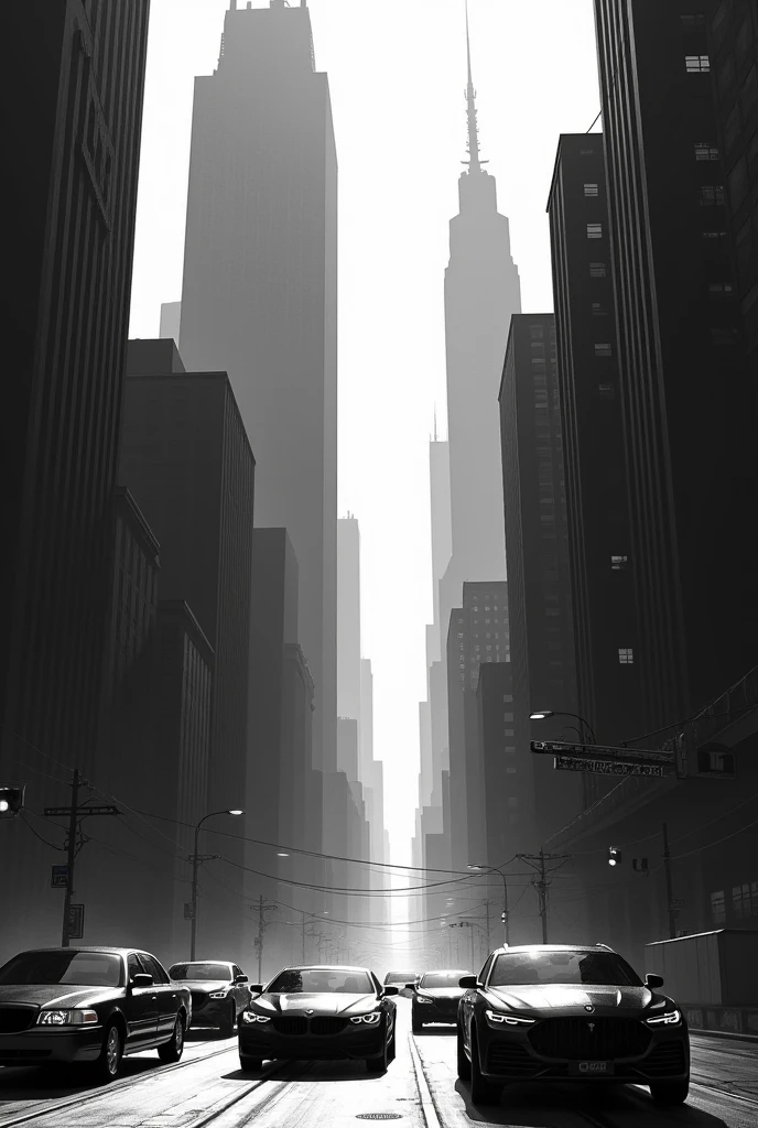 A city which have some big buildings and a road in middli of the buldings and cars on the road and whole image looks like gangstars city and image is black & white