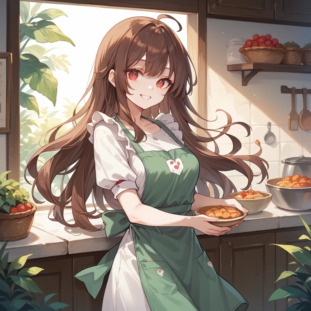 1girl, beautiful girl, brown hair, red eyes, bangs, ahoge, long hair, white skin, medium breast, casual outfit, wear apron, smile