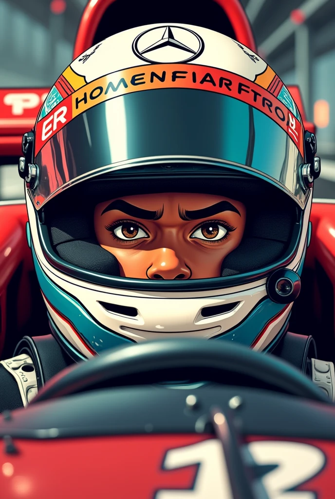 lewis hamilton when he , in a car, just his eyes in racing helmet with with an angry look. comic style art
 



