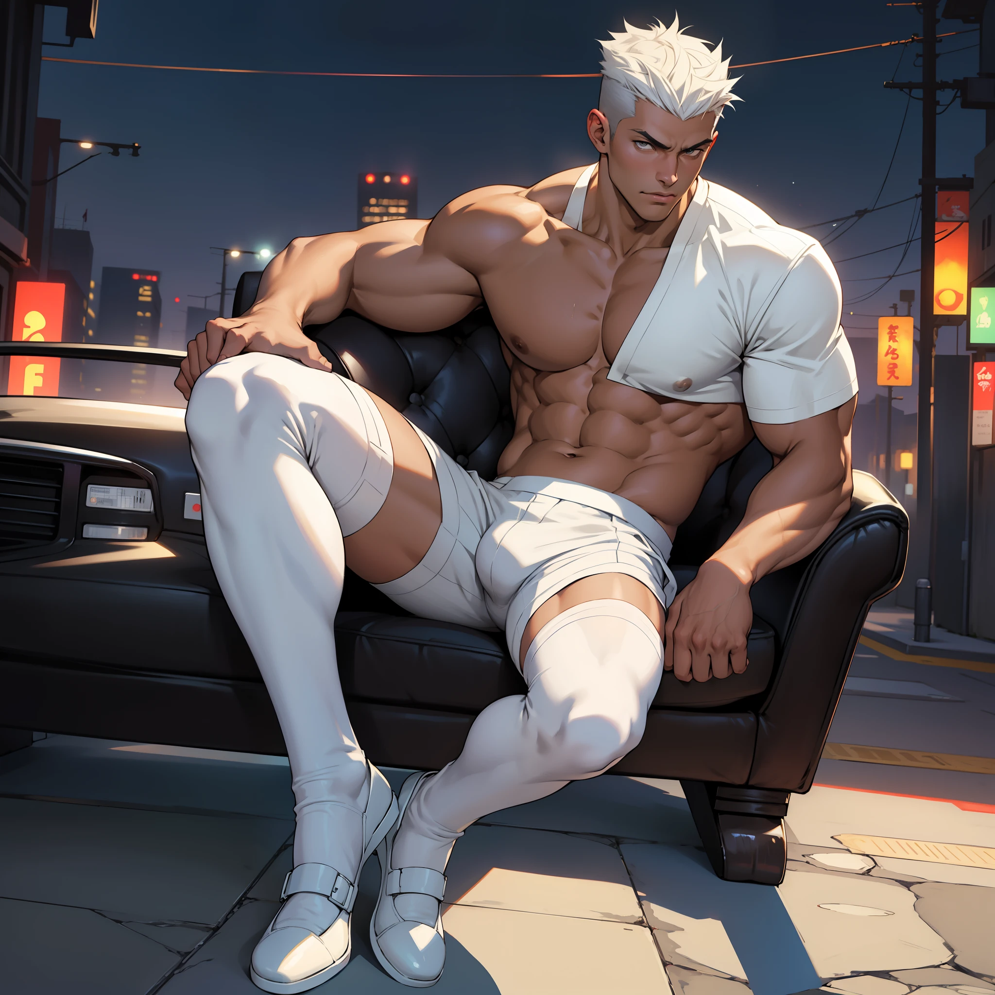Highest image quality,Men,1 boy,Young and handsome,display,Short Flat Top Hairstyle,Dark Skin,Japanese cartoons,Anime Wallpaper,Solitary,Male focus,Panties,Chest muscle expansion,Crotch bulge,City background,Open your legs,Sexy,(masterpiece, best quality),Long white socks,leather shoes,Garter,CG sense,Dark atmosphere,8K,Movie lighting effects,Bulge,Bump