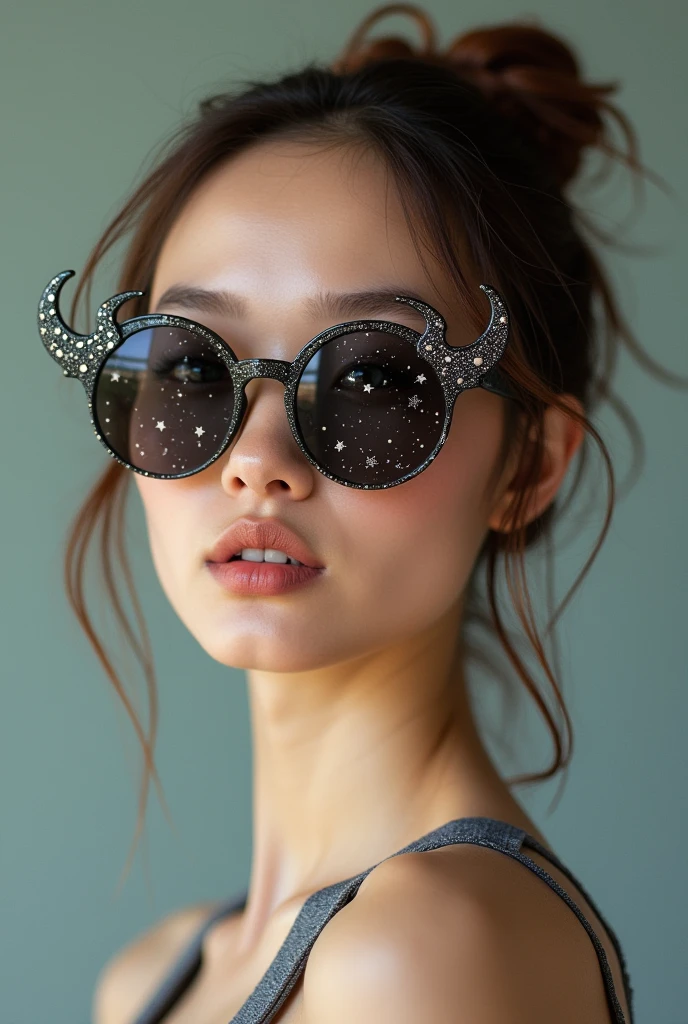 The model is wearing glass sunglasses with stars and the moon on the glass