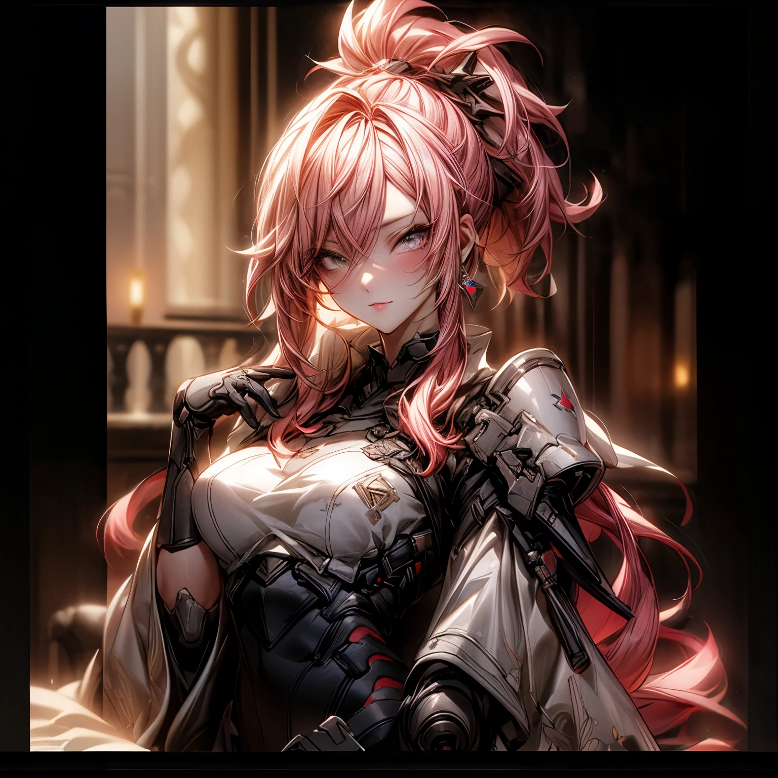 (best quality)), ((Masterpiece)), (details:1.4), 3d, HDR (high dynamic range), an image of a beautiful cyberpunk female, fantasy, Cyberpunk, Medieval, pink hair, Highi ponytail, Full body, Beautiful white eyes, จมูกโด่ง, ปากแดง, หน้าอกใหญ่, nvidia RTX, PBR surface, After processing, Anisotropic filtration,depth of field, Maximum clarity and clarity, multi-layered surface, Subsurface scattering, perfect proportions, 8K raw files, ultra detailed, Perfect proportions, volumetric lighting, soft lighting, Holy Paladin, Light Armor, glossy skin, intricate silver embroidery, Castle background, jewely, ต่างหู, นิ้วมือสมบูรณ์,