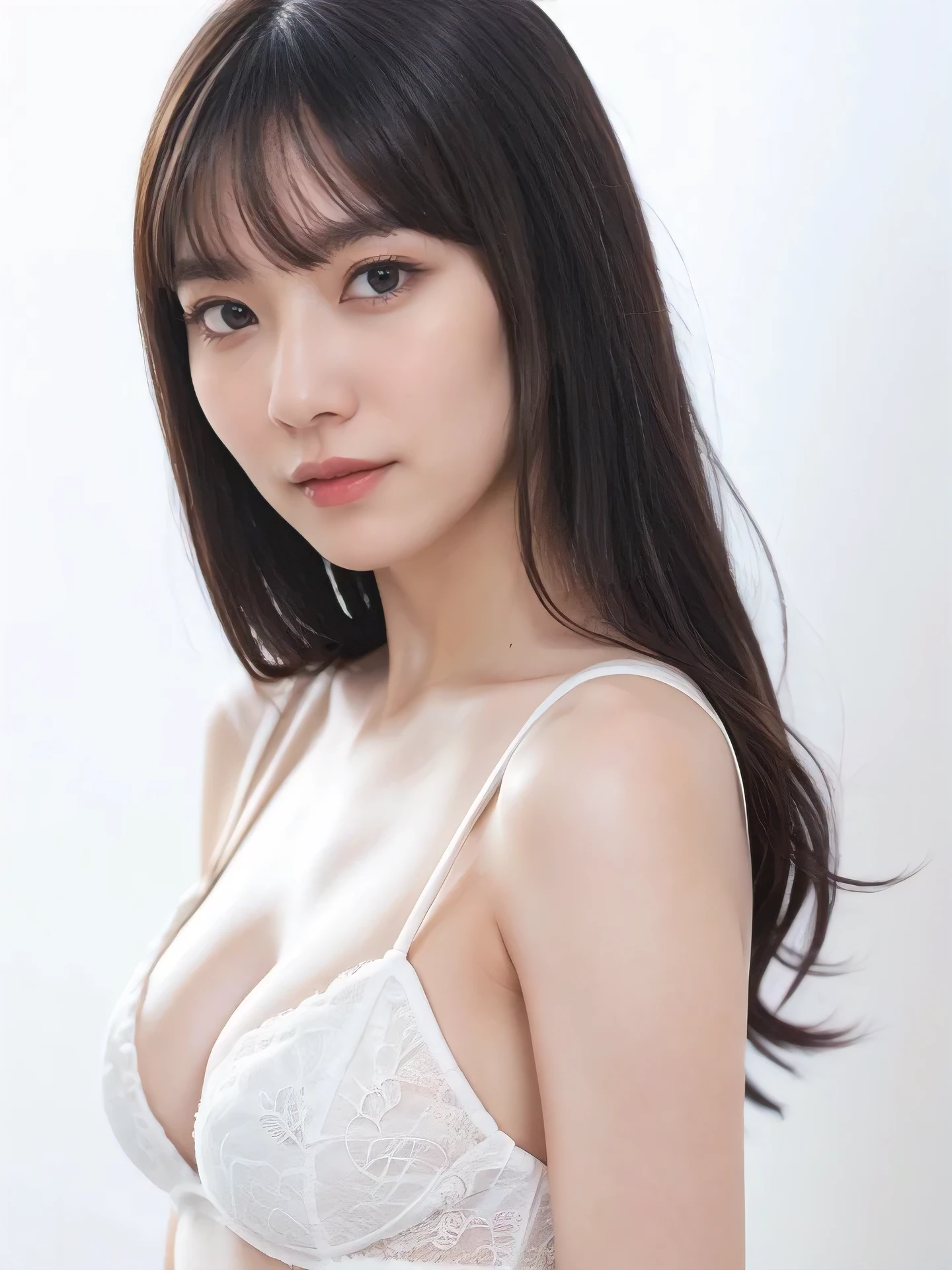 1girl, 25years old woman, cute face, Small breasts, medium breasts, large breasts, beautiful face, (perfectly detailed face), ((looking at viewer)), Simple Background, ((white background)), ((white wallpaper)), White skin, (bright lighting:1.2), perfect lighting, photorealistic, (bokeh), UHD, anatomically correct, highres

