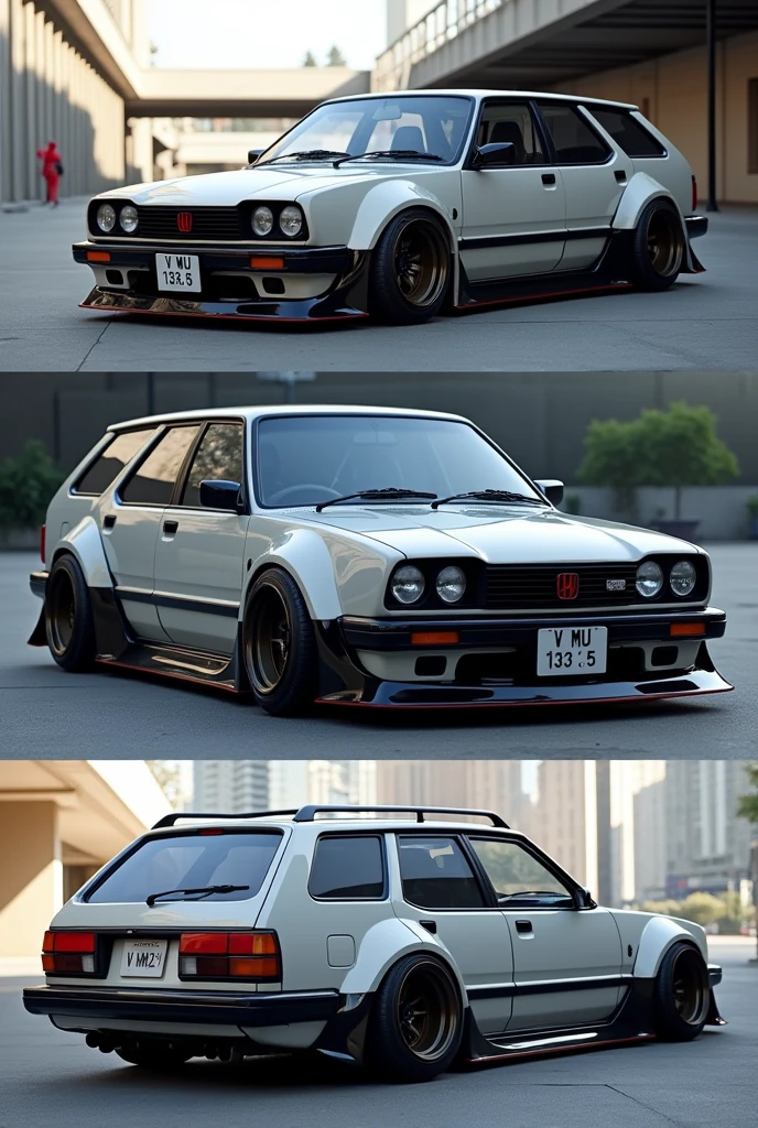 Create a modern classic look widebody kit wagon car out of civic gen 1 with license plate v mu 133 5 showing front side, back side and side view