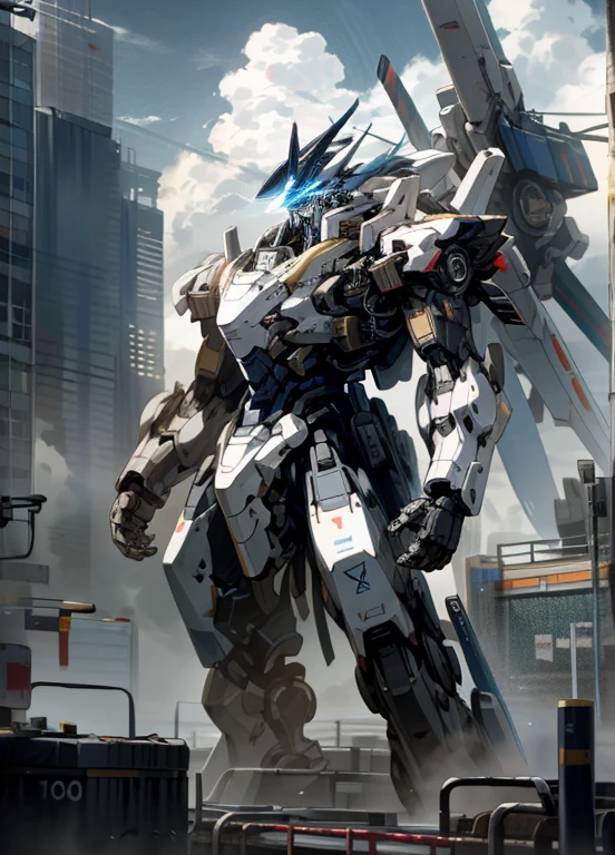 null, cloud, Holding_arms, no_human, Shine、robot, building, Shine_eye, Mecha, science_fiction, city, Realistic,Mecha、Shiden、high resolution、8k