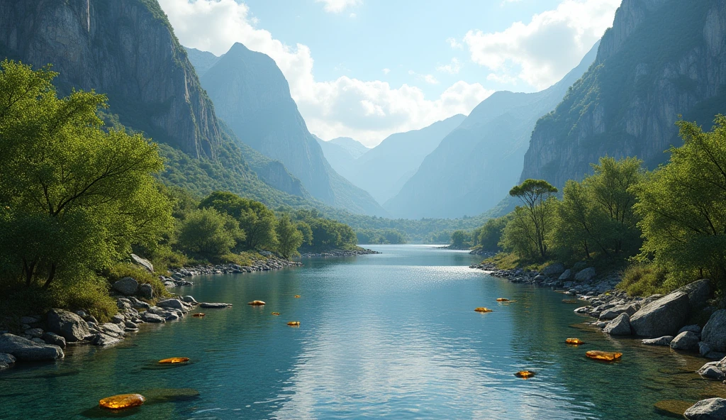 Panorama，Between the high mountains covered with laurel trees, water flows westward into the sea，There is a lot of amber in the water（best quality，4K，8k，High level，masterpiece：1.2），Ultra Detailed，（lifelike，Photo real，Photo real：1.37）