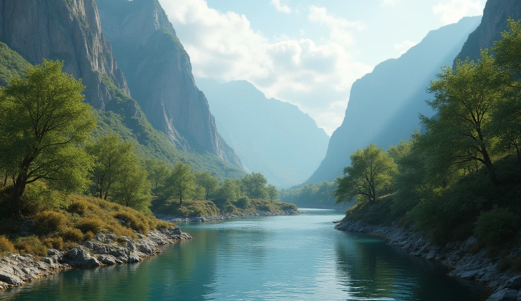 Panorama,Between the high mountains covered with laurel trees, water flows westward into the sea,There is a lot of amber in the water(best quality,4K,8k,High level,masterpiece:1.2),Ultra Detailed,(lifelike,Photo real,Photo real:1.37)