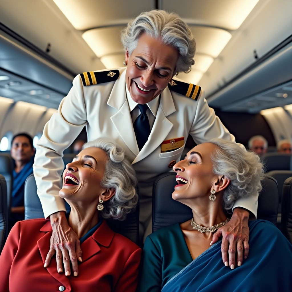 In a unique in-flight scene, three 70-year-old Indian women make a striking impression. They are dressed in distinctive uniforms: one in a white pilot's outfit, another in a red flight attendant uniform, and the third in a traditional blue saree. Each woman’s natural, tailbone-length curls are slicked through with a substantial amount of hair oil—about a liter per person—creating a glossy, reflective sheen. The oil-drenched hair cascades elegantly down their backs, allowing for a clear view of the meticulously styled partings and the smooth lines of their scalps. The glossy texture of the hair accentuates the clean, polished look of their elaborate hairstyles. In this serene moment, while all other passengers are sleeping, the three women are positioned one on top of the other, wildy sharing kisses in tongues out, This unusual and dramatic portrayal highlights the extreme use of hair oil, showcasing its impact on their opulent and meticulously crafted looks amidst the quiet of the cabin.