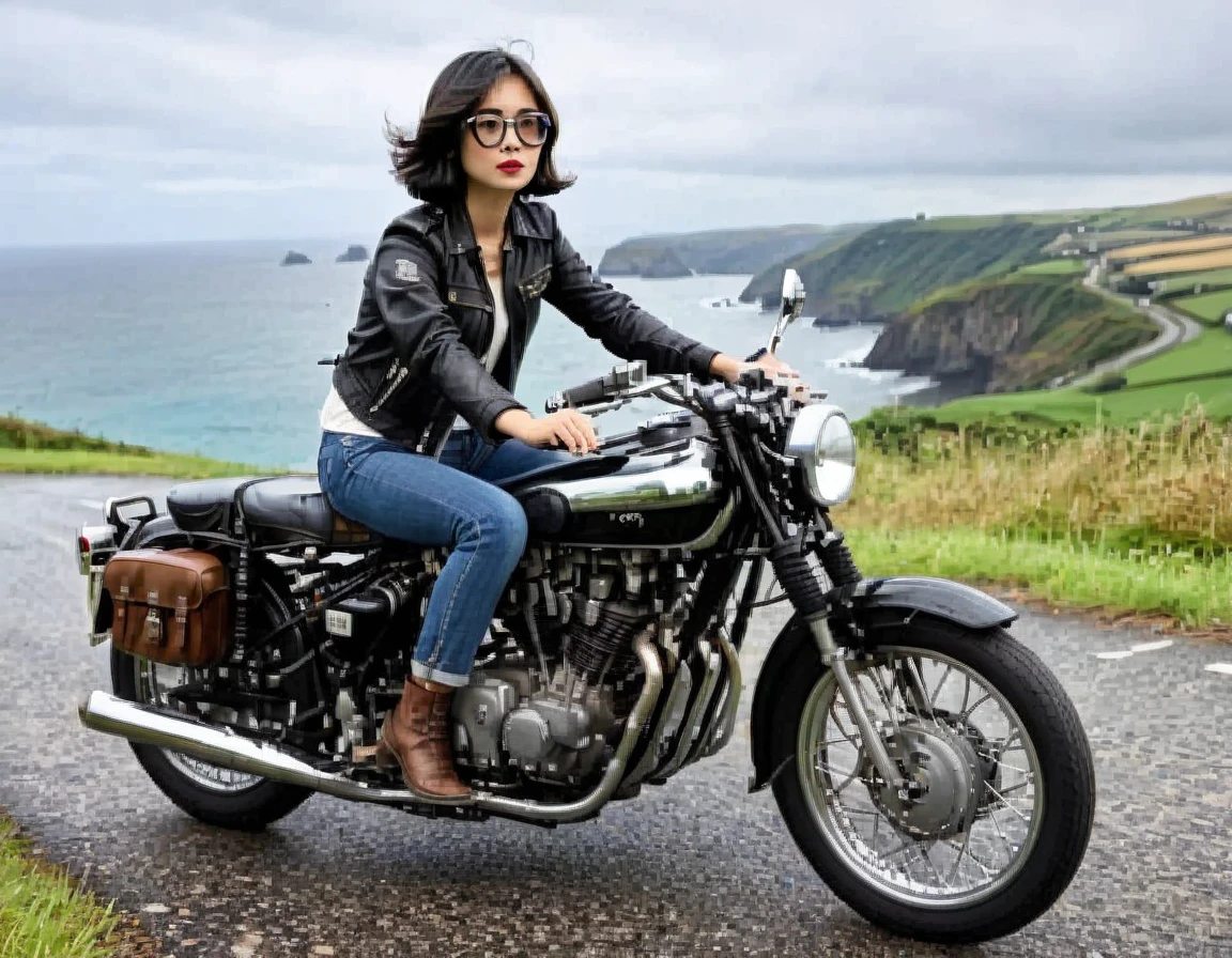 (クラシックRiding on motorcycle )、(Vintage Bikes、Bluff Superior SS100)、(Accurate bike shape)、Photograph the entire bike、(The balance between people and bike size is our number one priority:1.2)、 (Riding on motorcycle:1.2), Beautiful young woman、1、Beautiful Face, Beautiful and delicate eyes, Black Hair, Short Bob Hair, Classic Leather Jacket、With goggles、After the Rain、English countryside、 Coastal road with ocean view、Detailed Description、(Highest quality, masterpiece, High resolution)、8k、wallpaper