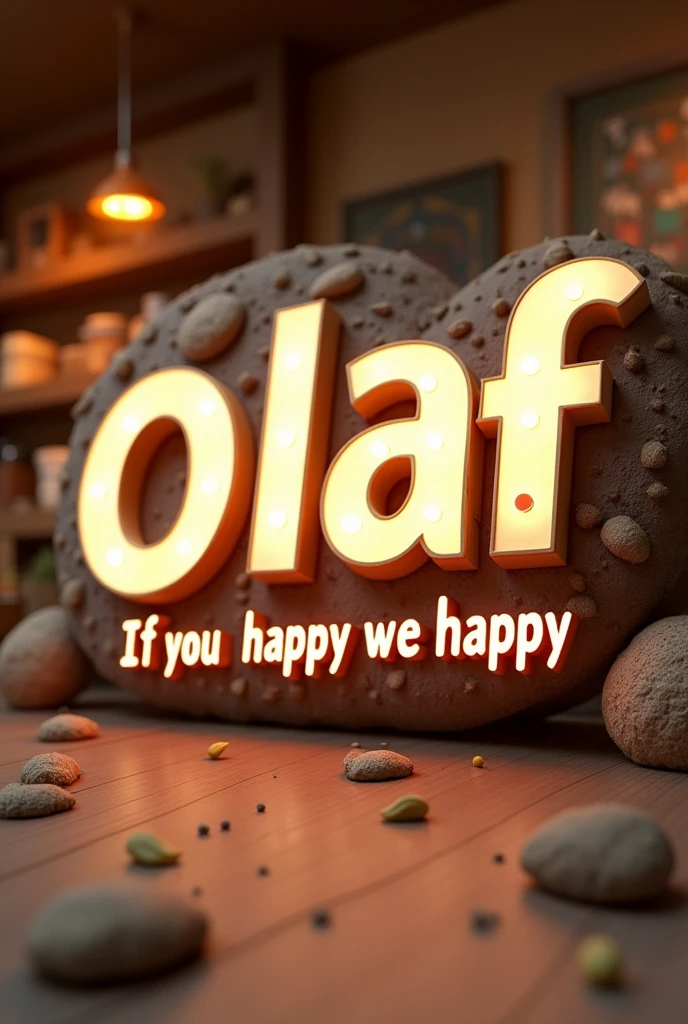 (photorealism:1.2) Olaf store logo with sign Olaf
and writing in the middle "if you happy we happy"